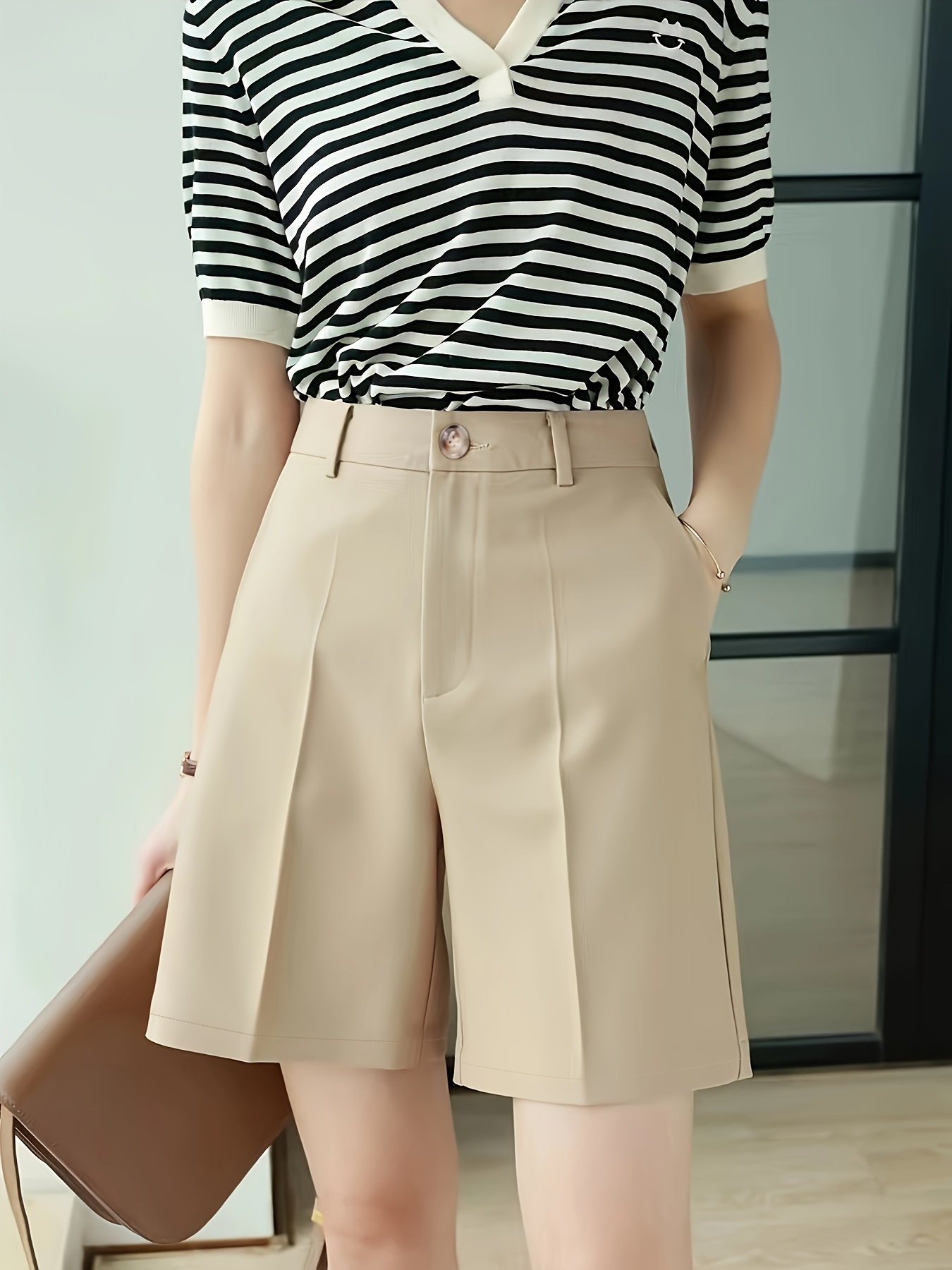 button front high waist shorts color slant pockets loose shorts for womens clothing details 0
