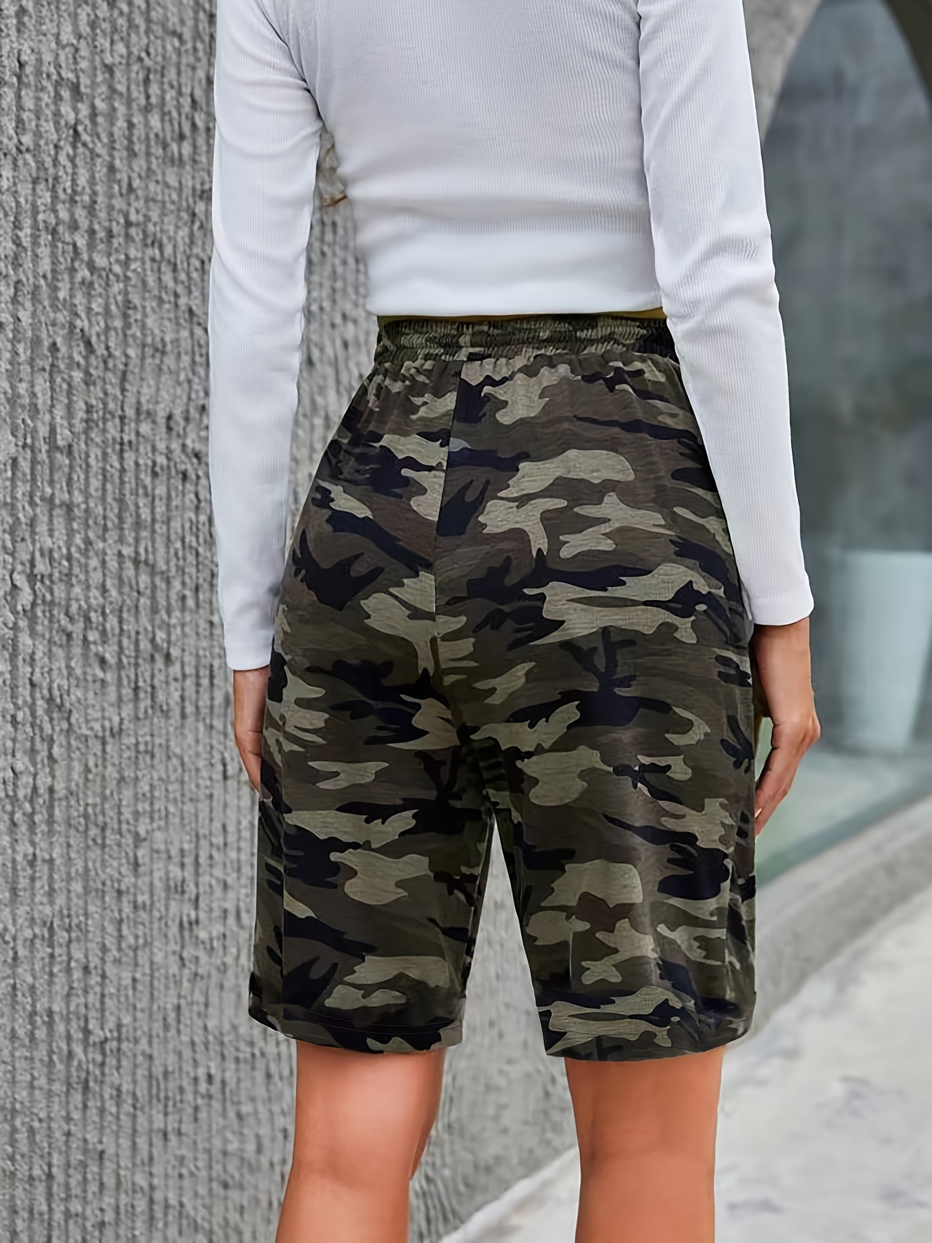 camo print patched pockets shorts casual waist drawstring shorts for womens clothing details 3
