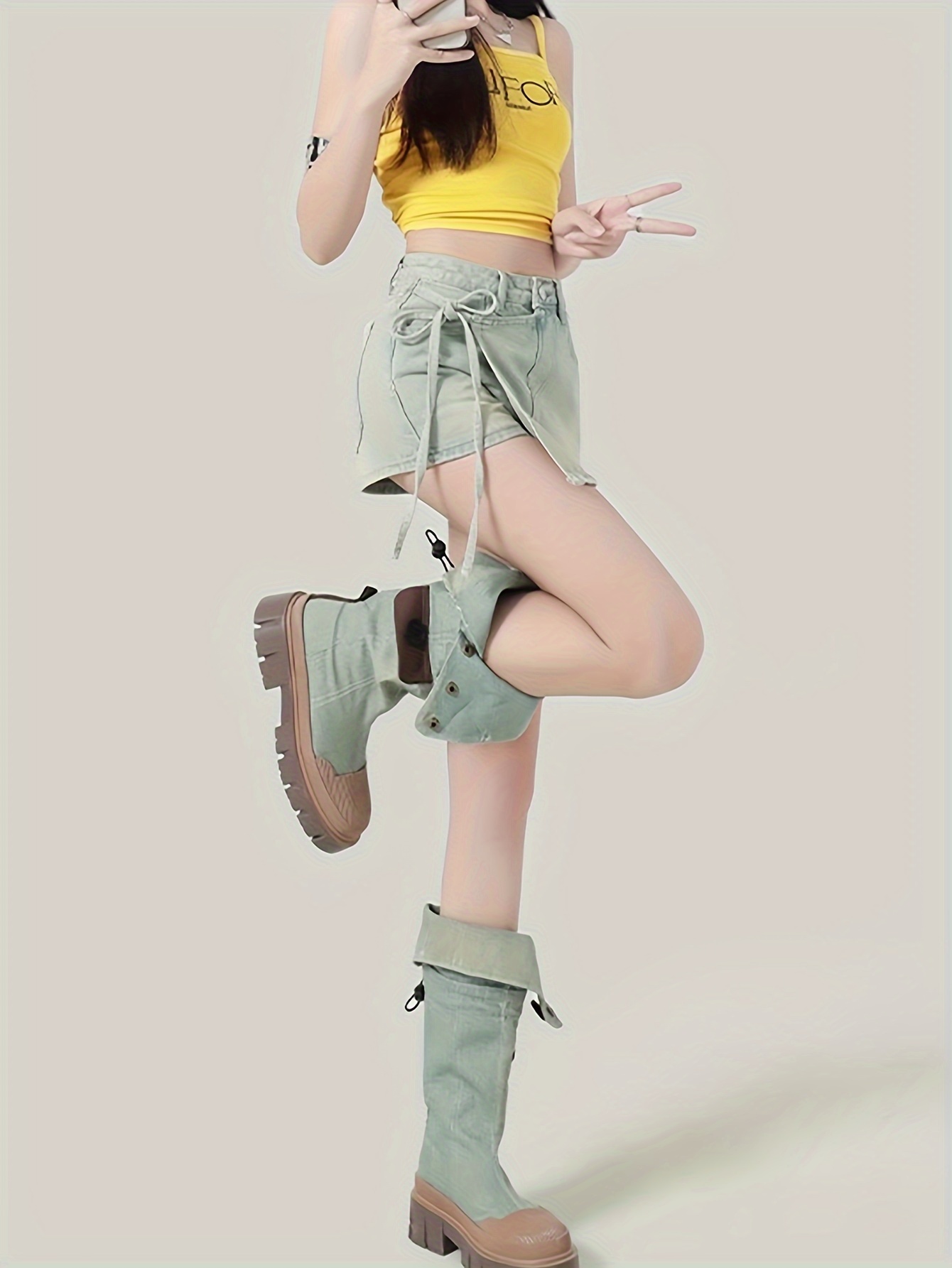 plain washed side chic denim skorts skirted shorts womens denim jeans clothing details 3