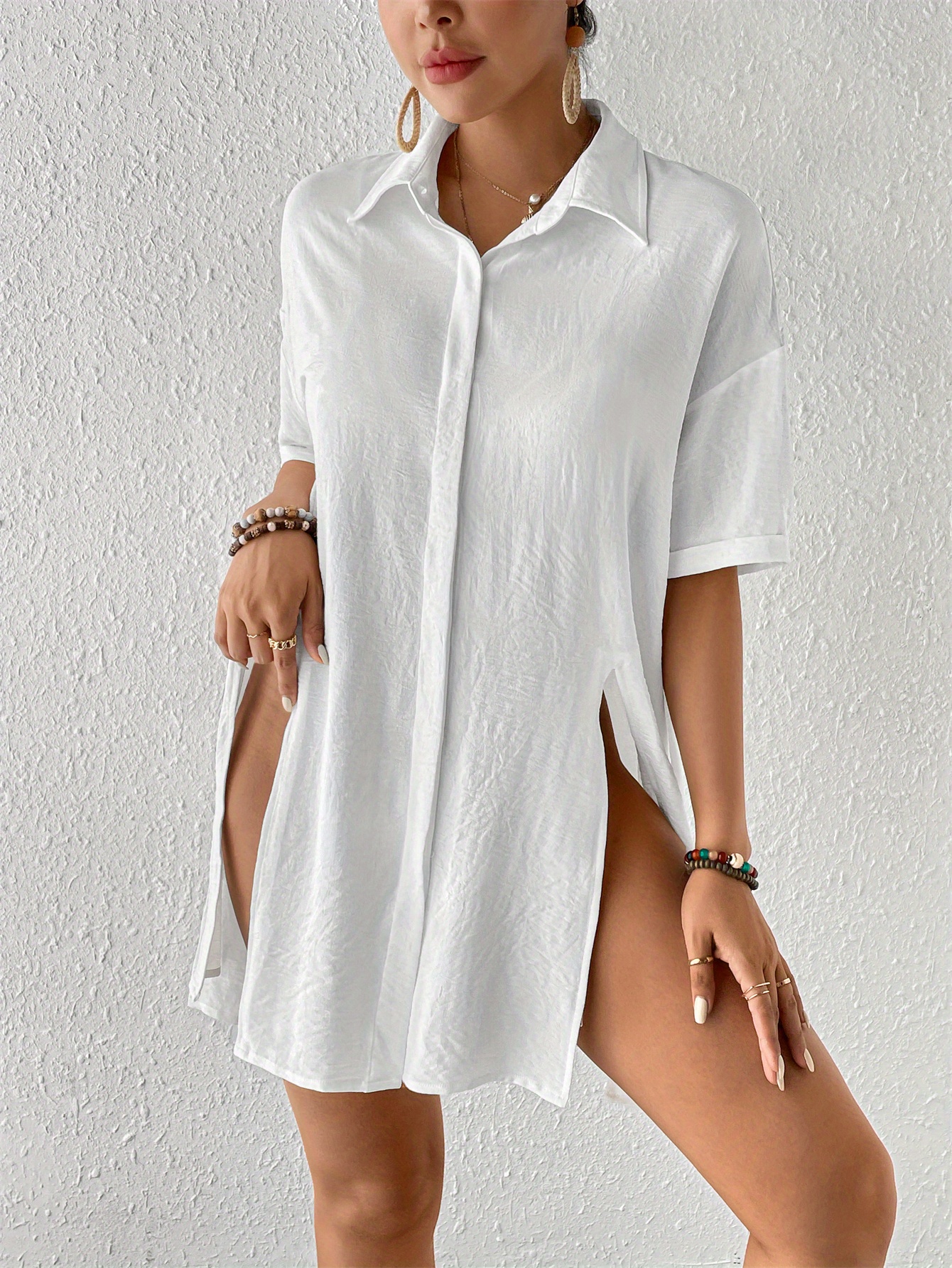 womens short shirt ice silk wrinkled neck solid color button elegant casual shirt details 7