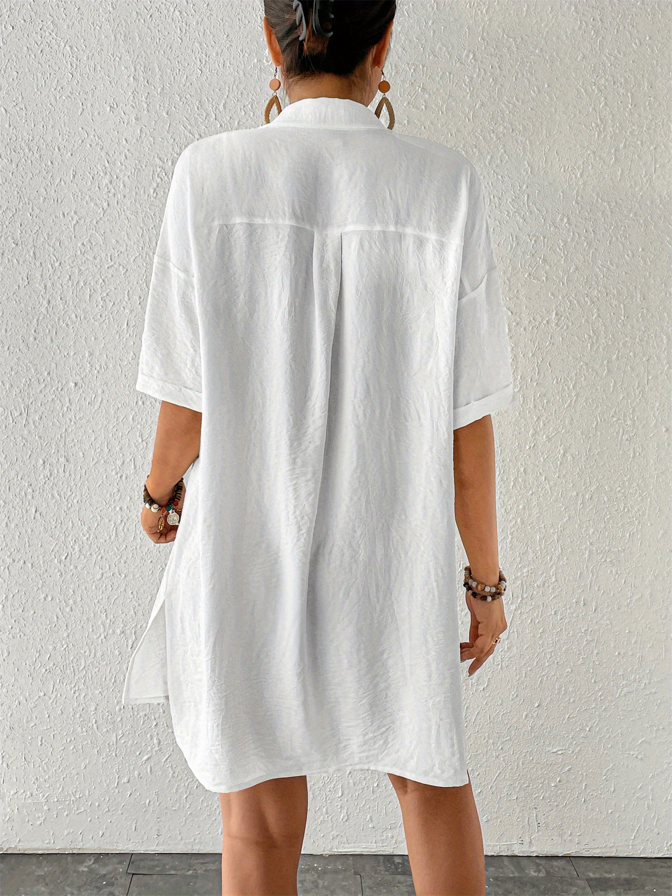 womens short shirt ice silk wrinkled neck solid color button elegant casual shirt details 9