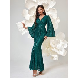 Long Sleeve Shiny Sequin V-neck Elegant Mermaid Hem Formal Dress for Party & Banquet, Women's Clothing
