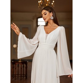 Solid V-neck Pleated Sweep Train Dress, Elegant Flare Sleeve Trumpet Dress For Wedding Party, Women's Clothing