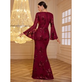 Elegant Long Sleeve Deep V-Neck Sequin Mermaid Evening Gown, Polyester Bodycon Bridesmaid Dress with Chest Pad - Middle-Eastern Style Solid Color, Woven Fabric with Elastane for Comfort - Adult Collection