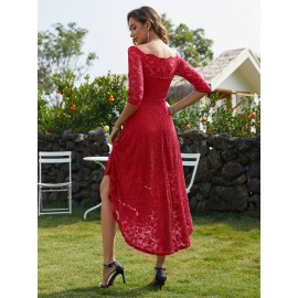 3/4 Sleeves Lace High-Low Off Shoulder Bridesmaid Dress, Cocktail Party Dress for Church Wedding Guest Formal Party