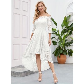 3/4 Sleeves Lace High-Low Off Shoulder Bridesmaid Dress, Cocktail Party Dress for Church Wedding Guest Formal Party