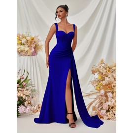 Elegant Spaghetti Strap Backless Gown with Thigh-High Slit - Perfect for Parties & Formal Events, Women's Evening Dress