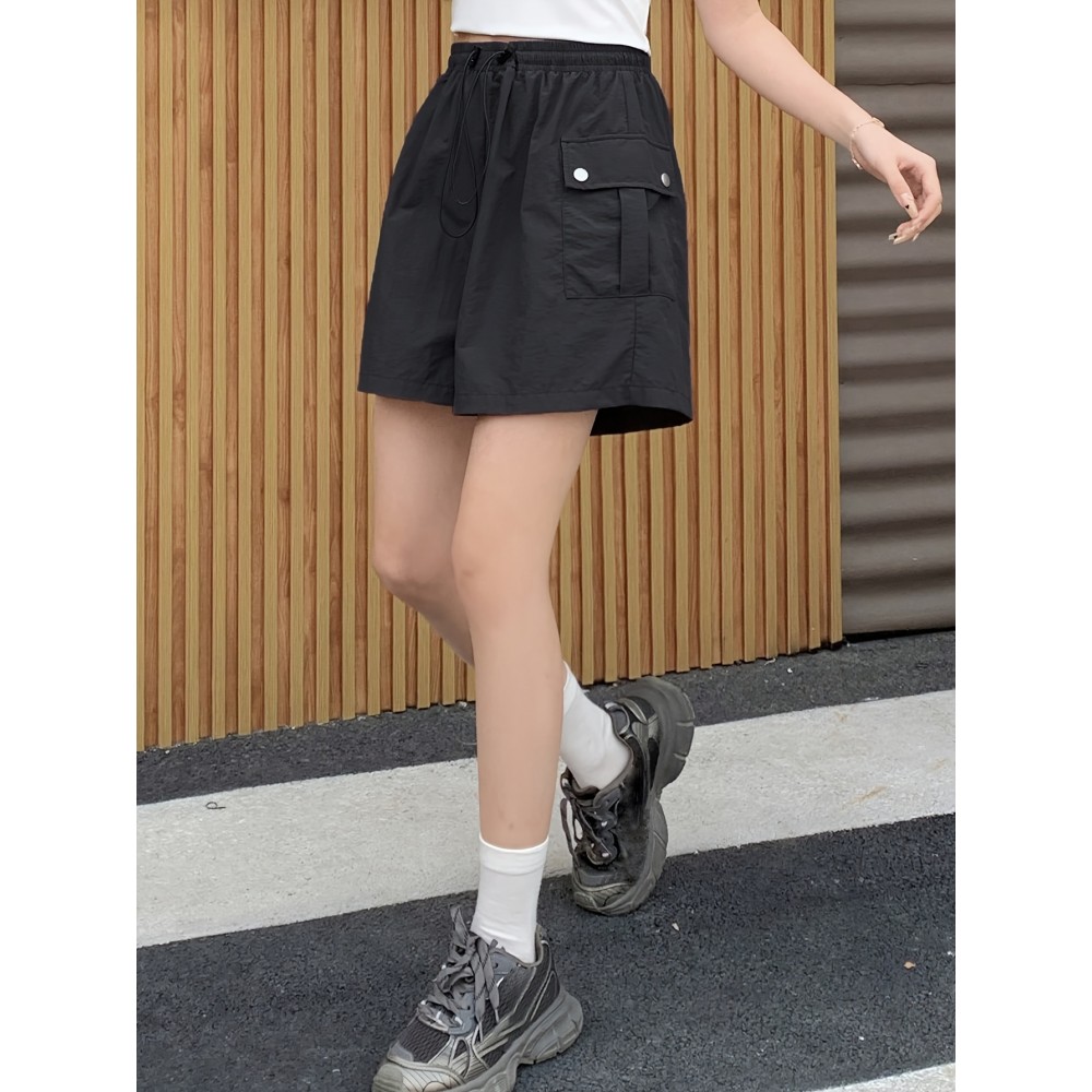 Summer Chic Drawstring Cargo Shorts - Comfortable Polyamide Fabric, Machine Washable, Solid Color, Casual Style for Women - Perfect for Outdoor Activities