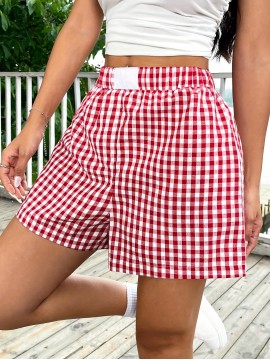 Plaid Elastic Waist Shorts, Casual Shorts For Spring & Summer, Women's Clothing