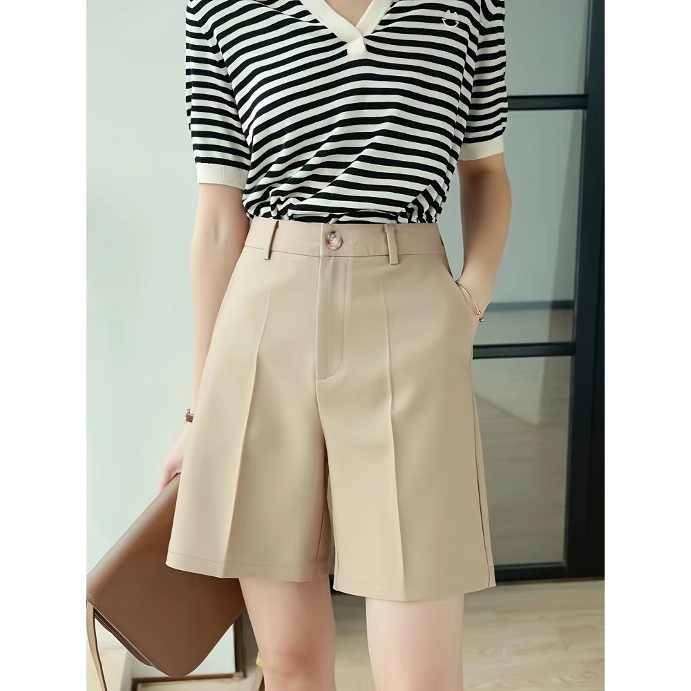 Button Front High Waist Shorts, Casual Solid Color Slant Pockets Loose Shorts For Spring & Summer, Women's Clothing