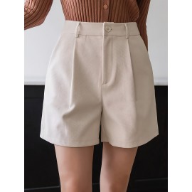 Women'S High-Waisted Straight Pants Shorts with Slant Pockets and Pleats, Solid Color, Woven Polyester, All-Season