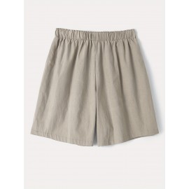 Women's Casual Cotton Shorts with Elastic Waistband and Decorative Buttons - Loose Fit, Solid Color, Machine Washable