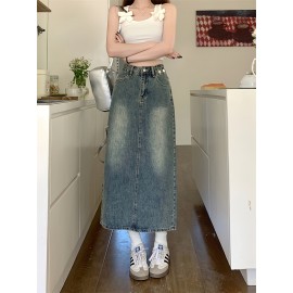 Vintage-Inspired High-Waist Split A-Line Denim Midi Skirt - Slimming, Casual Style with Button Detail, Machine Washable