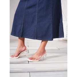 Dark Washed Women's Casual Midi Denim Skirt, Blue Jeans Style, Classic Fit