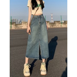 High-Waisted Vintage Midi Denim Skirt for Women – Cotton Blend Non-Stretch A-Line with Button Detail – Slim Fit Solid Color Straight Midi Skirt for Spring/Summer/Fall