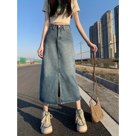 High-Waisted Vintage Midi Denim Skirt for Women – Cotton Blend Non-Stretch A-Line with Button Detail – Slim Fit Solid Color Straight Midi Skirt for Spring/Summer/Fall