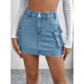 Plain Flap Pockets Cargo Denim Mini Skirt, High Stretch Double Button Washed Denim Skirt, Women's Denim Clothing