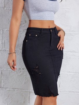 Hot Ripped High Waisted Bodycon Midi Denim Skirt, Women's Denim Jeans & Clothing