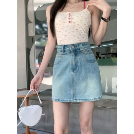 Plain Washed Blue High Rise Basic Style Mini Denim Skirt, Women's Denim Jeans & Clothing