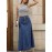 Plain Washed Blue Button Fly Casual Style A-line Maxi Denim Skirt, Women's Denim Jeans & Clothing