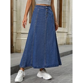 Plain Washed Blue Button Fly Casual Style A-line Maxi Denim Skirt, Women's Denim Jeans & Clothing