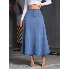 Comfy Stretchy Maxi Denim Skirt - Soft Washed Blue, Single-Breasted, Flattering Fit, Women's Denim Jeans & Clothing, Perfect for Casual Daily Wear, Versatile and Chic