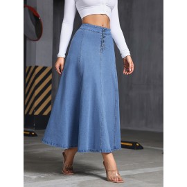 Comfy Stretchy Maxi Denim Skirt - Soft Washed Blue, Single-Breasted, Flattering Fit, Women's Denim Jeans & Clothing, Perfect for Casual Daily Wear, Versatile and Chic