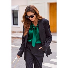Women's Satin Silk Long Sleeve Blouse with Bow Tie Neck Office Work Wear Elegant Tops