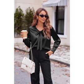 Women's Satin Silk Long Sleeve Blouse with Bow Tie Neck Office Work Wear Elegant Tops