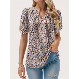 Floral Print Notched Neck Blouse, Casual Pleated Puff Sleeve Blouse For Spring & Summer, Women's Clothing