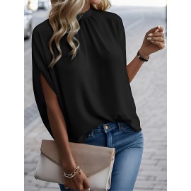 Womens Elegant Pintuck Batwing Sleeve Blouse - High Neck, Micro Elasticity, Solid Color, Machine Washable, Casual Top for Spring & Fall - Tooluck Brand