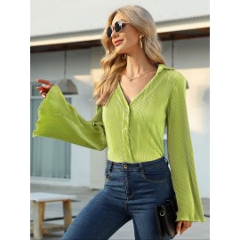 Solid Pleated V Neck Blouse, Casual Button Front Bell Sleeve Blouse For Spring & Fall, Women's Clothing